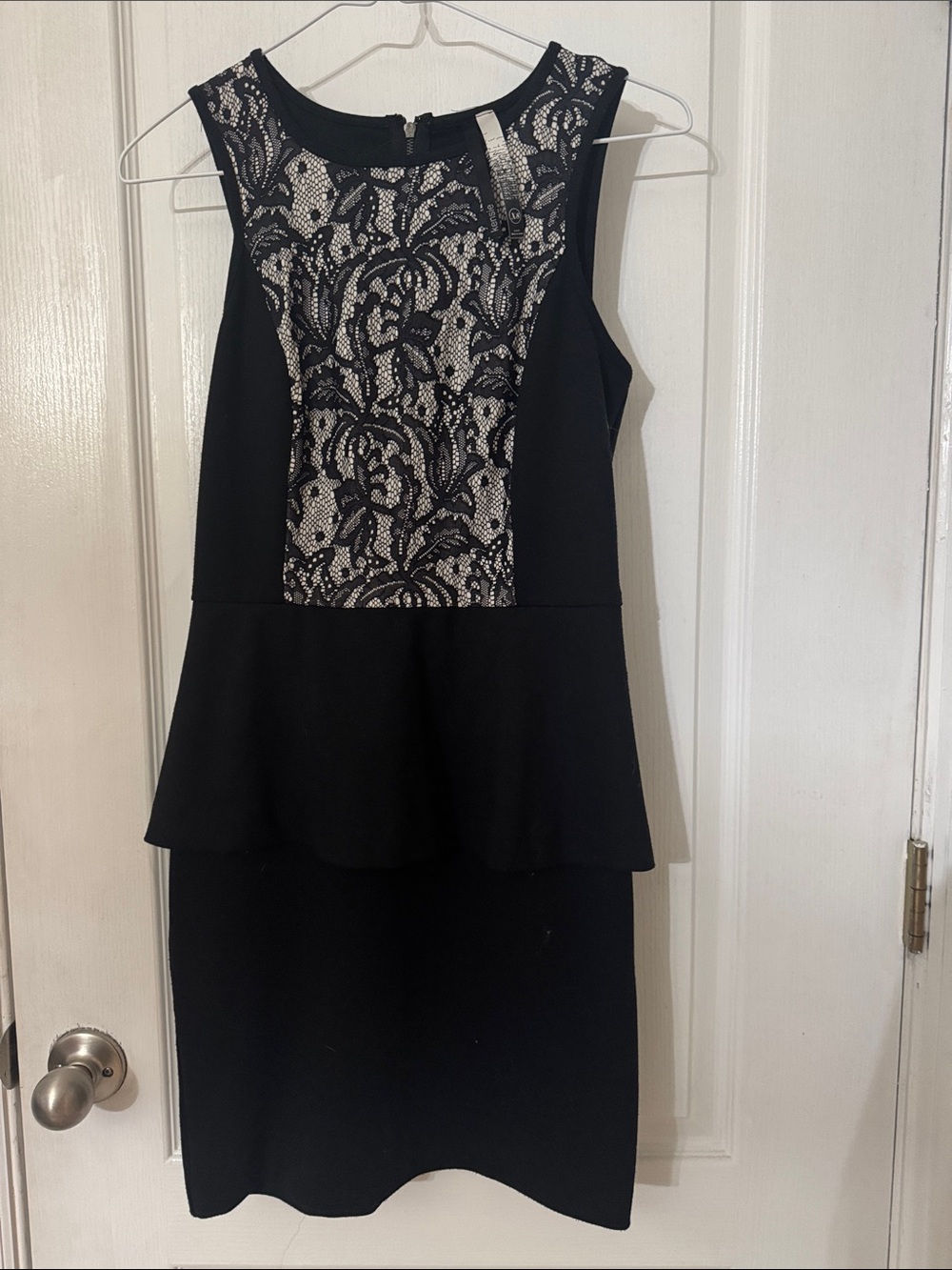 Kensie Black Peplum Dress with Ivory Lace Panel